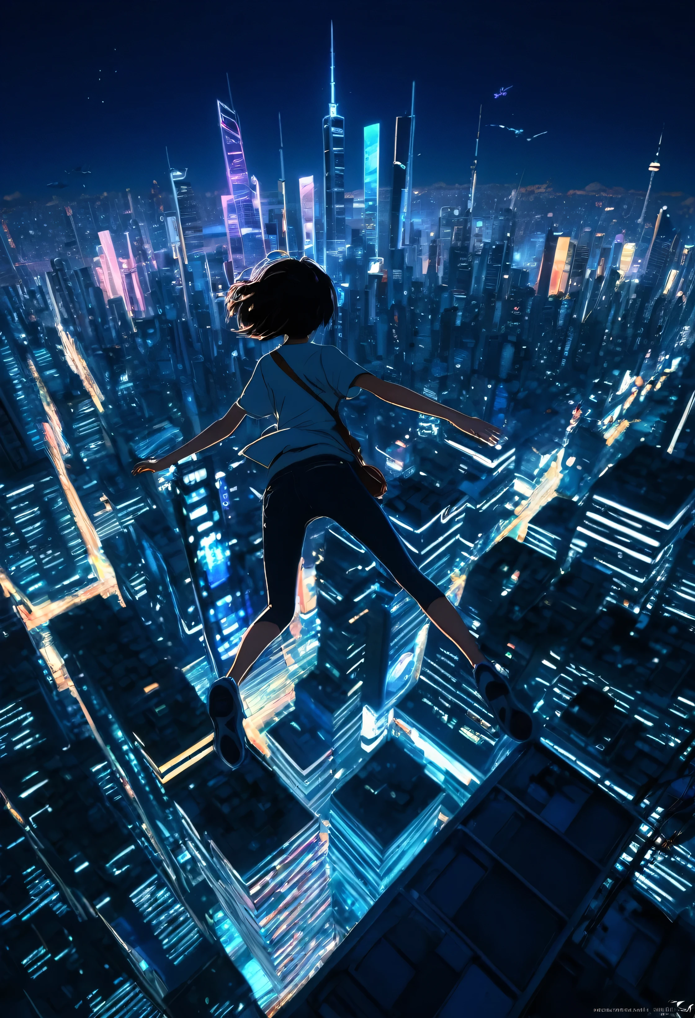 a person falling off a building into the air with a city in the background, concept art by Yuumei, trending on cgsociety, conceptual art, soaring above a dense city, makoto shinkai cyril rolando, dawn cgsociety, cosmic skies. by makoto shinkai, octane render. by makoto shinkai, high definition cgsociety,kafka ,8k, wacthing to city from skyscraper,night neon city,