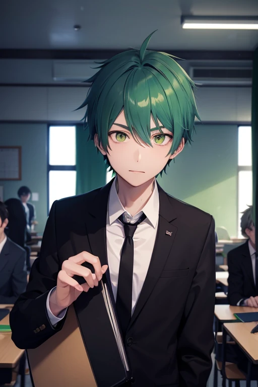 Green hair anime guy in a classroom with his friends. Notebooks lying around, black jacket, brown tie. Slim. White skin. Near him his friends with red, blue, yellow, black hairs. 