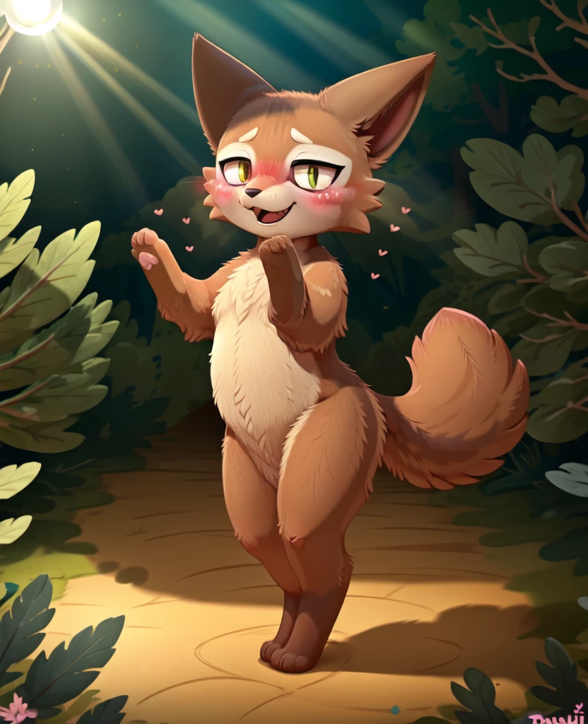 Dagashi, ( Hairy body) , (Realistic fur) , Are standing, Fluffy tail, blush, (:3), A cross between a girl and a cat, happy ,Dancing, Cinema Lighting ,4K, in the forest, cute