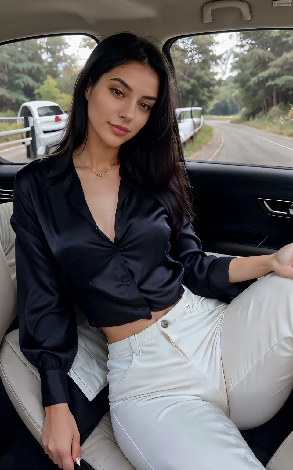 From an aerial perspective, a 21-year-old young woman is seen sitting in the driver's seat of her luxurious car, which stops in the middle of a lonely road surrounded by trees. Her face is illuminated by a soft smile that plays on her lips, while her fine features reflect a delicate beauty.
Her silky, shiny black hair frames her face elegantly, adding a touch of mystery and sophistication to the ensemble. Dressed in an impeccable ensemble, consisting of a silk blouse and tight pants, her style exudes a sense of refinement and class.
With one hand resting gracefully on the steering wheel and the other delicately holding her phone, her presence inside the car is like that of a queen in her carriage, radiant and confident. The slightly smiling expression on her face suggests a state of fulfillment and satisfaction as she enjoys a moment of tranquility in the middle of nature.
The photograph, captured from above by a drone, highlights the elegance and luxury of the car, as well as the serenity of the natural environment that surrounds it. The young woman blends harmoniously with her surroundings, embodying the essence of beauty and tranquility in movement.
With fine features and a radiant smile, she embodies the essence of youth and elegance. Her presence inside the car, surrounded by luxury and nature, is like a painting of serenity and beauty in motion, capturing the attention and amazement of those who have the privilege of contemplating it.