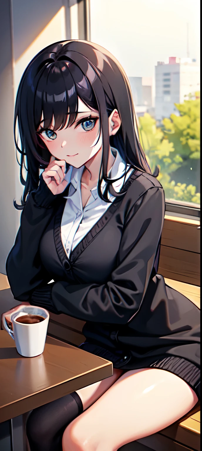adentro, retrato, A 25-year-old woman holding a cup of coffee, black short knit cardigan, brazo:1, falda estrecha de color rojo oscuro con estampado de cuadros negros, botas negras de gamuza hasta la rodilla, de pie junto a la ventana de una oficina