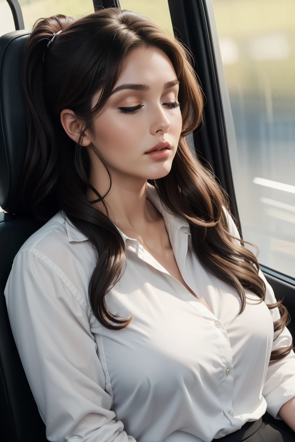 1 beautiful woman, dressed in sexy clothes, great body, big cheeks, painted eyelids, white short-sleeved buttoned shirt, black formal pants, eyes closed, open mouth drooling, long eyelashes, face made up, sleeping with mouth open, sleeping sitting up in the back seat of the bus, hair tied in a ponytail, black bag, head up with open mouth resting on the back, arms hanging down and resting on her thighs, Lucy Pinder, ((Adela)), portrait of face, neckline