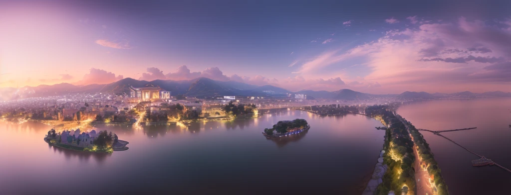 View of Alafde，There is a river in the distance，There is a bridge over the river，There is another small town, Hangzhou, panoramic, Guangjian, wide rivers and lakes, panoramic, hyper wide view, A photo of a lake on a sunny day, Shenzhen, Ultra-high resolution, wide angle river, panoramic view, Beautiful images, panoramic view, nanquan, &quot;High quality images&quot;