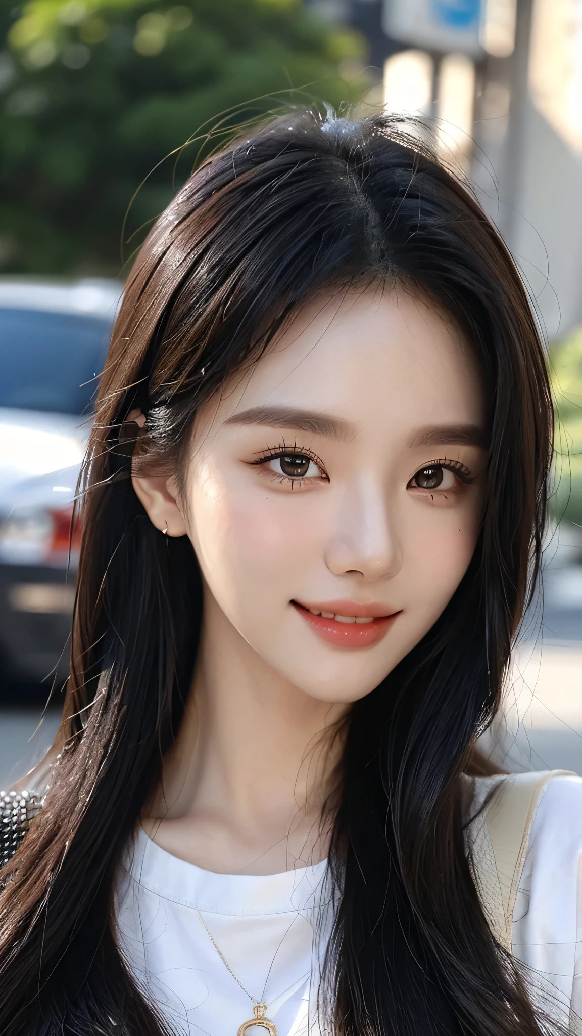 masterpiece、top-quality)、1 beutiful girl、(( plain clothes:1.1))、((Wearing black sunglasses )), (Detailed beautiful eyes), ((Detailed skin)) , ((Detailed beautiful hair))、((Smaller face))、((Neutral face))、((Face seen from the side))、((Light brown eyes))、((Korean Girl))、((18year old))、((cool lady))、((A shy smile on his face))、((Korean Makeup))、((elongated and sharp eyes))、((Happy dating))、((Shot from the same height as your face)、), ((CG rendering)), ((Blurred background)), ((deep shadow)), ((16K)), ((Very detailed)), ((wallpaper)), ((depth of field)), ((movie light)), (( Ray tracing)).