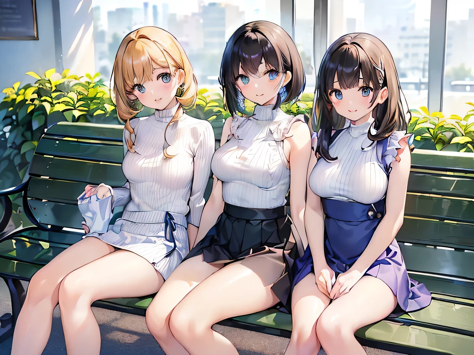 (masterpiece、highest quality、High resolution、Realistic photo、Real looking skin:1.1)、
(Three women are sitting side by side on benches in a cafe:1.8)、
(The skirt is so short that her panties are visible:1.5)、
(Smiling happily:1.5)、
(The first person was wearing a beige sleeveless turtleneck knit and a pleated mini skirt.、She is wearing brown knee-length boots、I have long black hair:1.5)、
(The second person is wearing a blue short-sleeved turtleneck sweater and a pleated he is wearing brown knee-length boots、She has short brown hair.:1.5)、
(The third girlfriend is wearing a white short-sleeved V-neck knit and a pleated he is wearing black knee-length boots、It's short black hair:1.5)、
(The location is a cafe bench.:1.5)、
Full Body Esbian、Beautiful Eyes、Shining Eyes、Shining thighs、NSFW