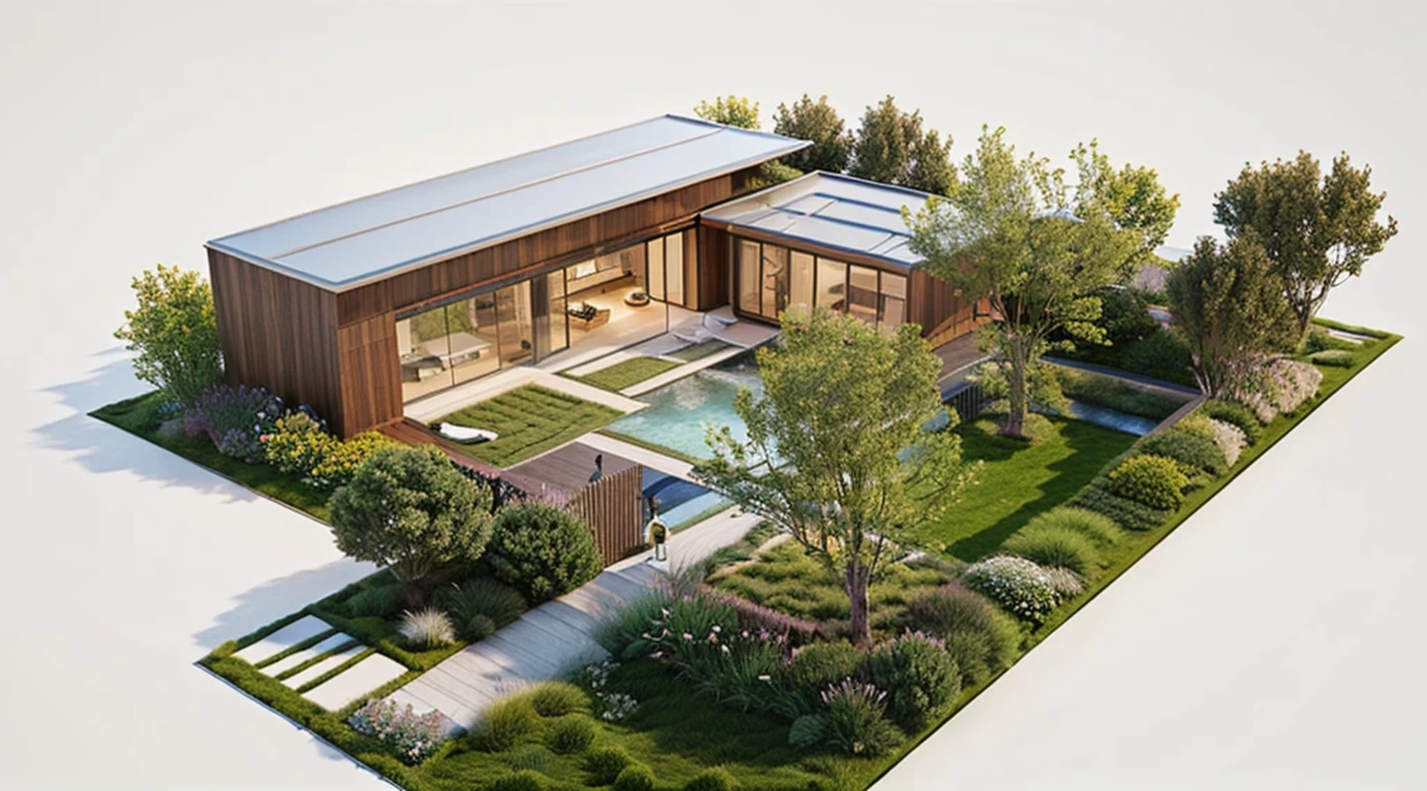 One-story house,Aluminum Plate,Glass,Floor-to-ceiling windows,Japanese style houses,garden,Japanese Garden,Outdoor bathtub,Swing,arable land,Full screen, Outdoor natural environment,Concept House, Rendering, Brightness Rendering, Zoom out, Brightness Renderinging, Spell Rendering, luxcore Rendering, The above points, hq very detailed, Wide Angle Exterior 2022, Highly photographic rendering, precise Architectural renderings, Fully detailed rendering, Architectural renderings