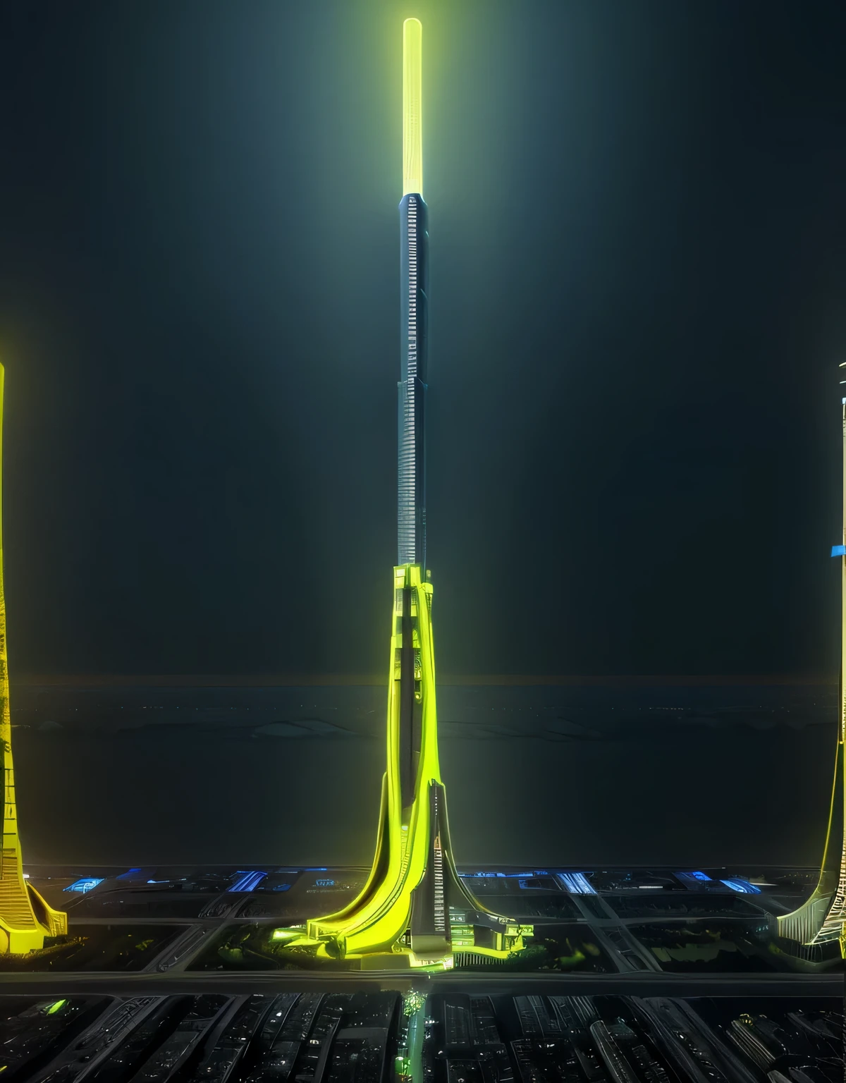 Skyscraper , night view neon yellow lights big city top quality masterpiece ultra high definition,