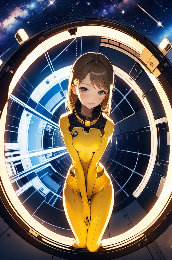 (masterpiece, best quality:1.2), (cowboy shot:1.1), solo, 1girl, mori yuki, slight smile, closed mouth, looking at viewer, blonde hair, thigh gap, yellow bodysuit, skin-tight, perfect body, large window, (starship porthole:1.3), (spread legs:1.3), (standing:1.1), thigh gap, sensual pose, side view, perfect hands, bright starship interior, (outer space view:1.1), (orbital view:1.3), (night, stary sky:1.5), milky way