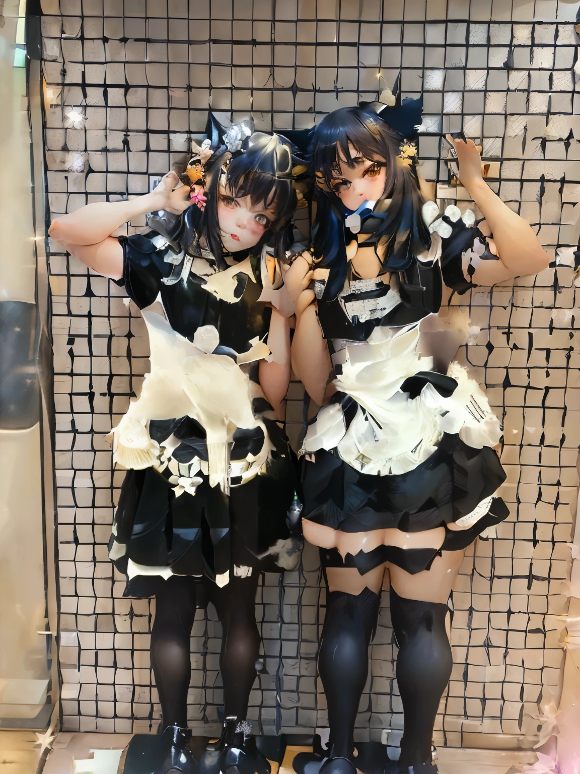 two women in Maid costumes posing for a picture in front of a wall, japanese Maid cafe, Catboy Cosplay! Maid! dress, Maid outfit, kemonomimi, Maid, Maid dress, wearing Maid uniform, french Maid, anime cat girl in a Maid costume, Maid costume, Rorish, anime Maids riding early tanks