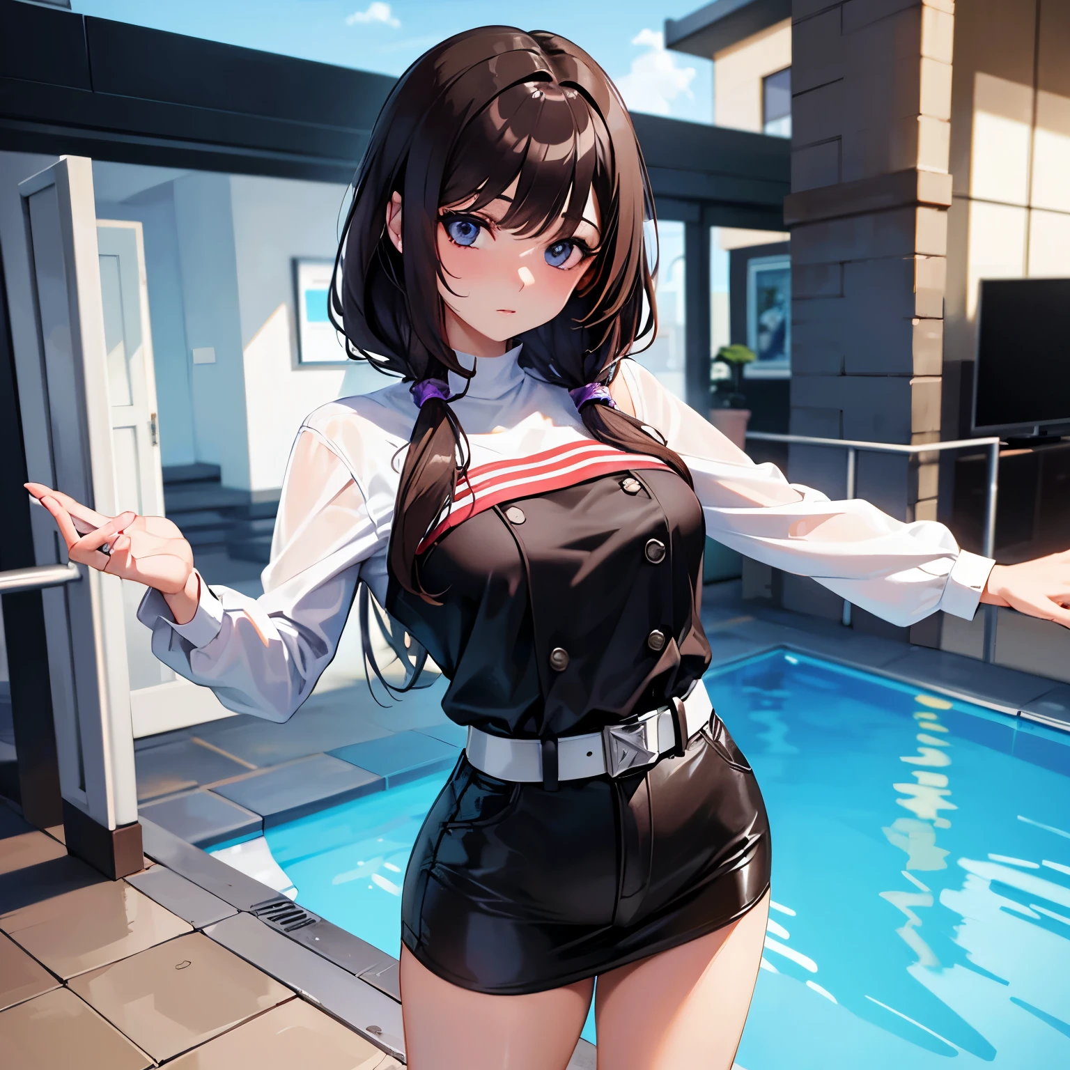 Una chica con enormes pechos,her hair color is brown,his eyes are low brown,su color de piel es blanca,tiene uniforme un poco provocativa 