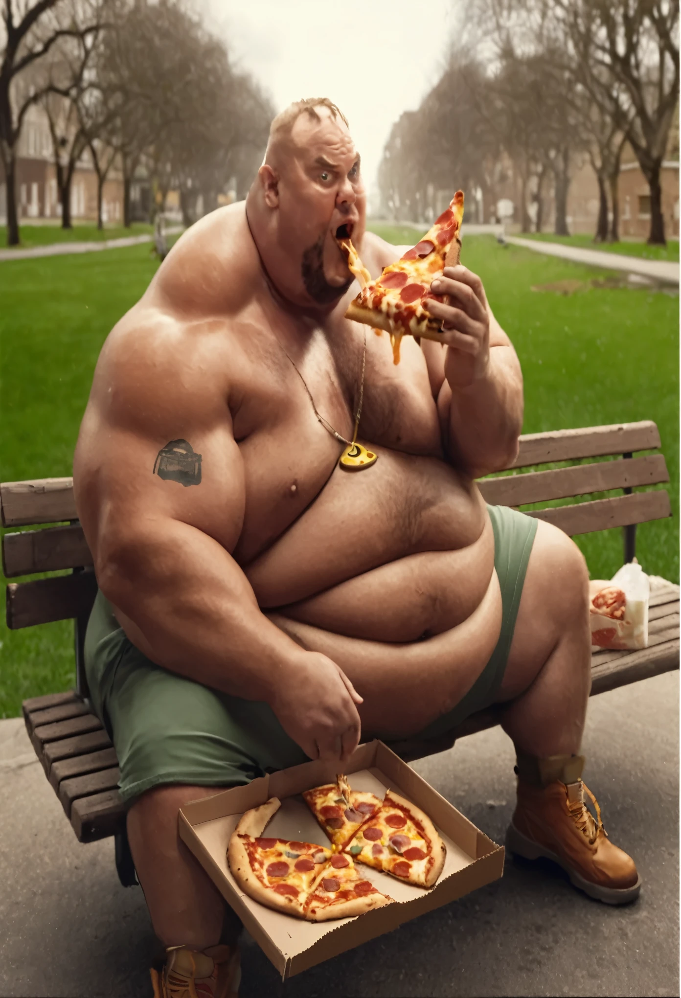 araffe sitting on a bench eating a slice of pizza, eating pizza, eating a pizza, munching pizza, Fat Rip Satanic creature, Fat Rip Satan, gluttony, pizza advert, pizza, Thanos eating a Big Mac, batman eating pizza, pizza is everywhere, 🥥 🍕 Hybrids, Photo Processing, inspired by Martin Schoeller, pizza!, holding pizza