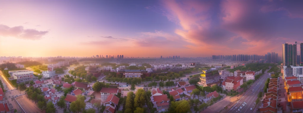 Overlooking a city with many buildings and trees, super Unobscured of a cityscape, Baotou China, old Chinese building, Tang Palace, Panorama of the curved ancient city, Shoot from the top wide angle, Unobscured, Take a long-term view, ultra - Unobscured, Ultra-wide-angle view, Chinese Village, ultra wide lens shot