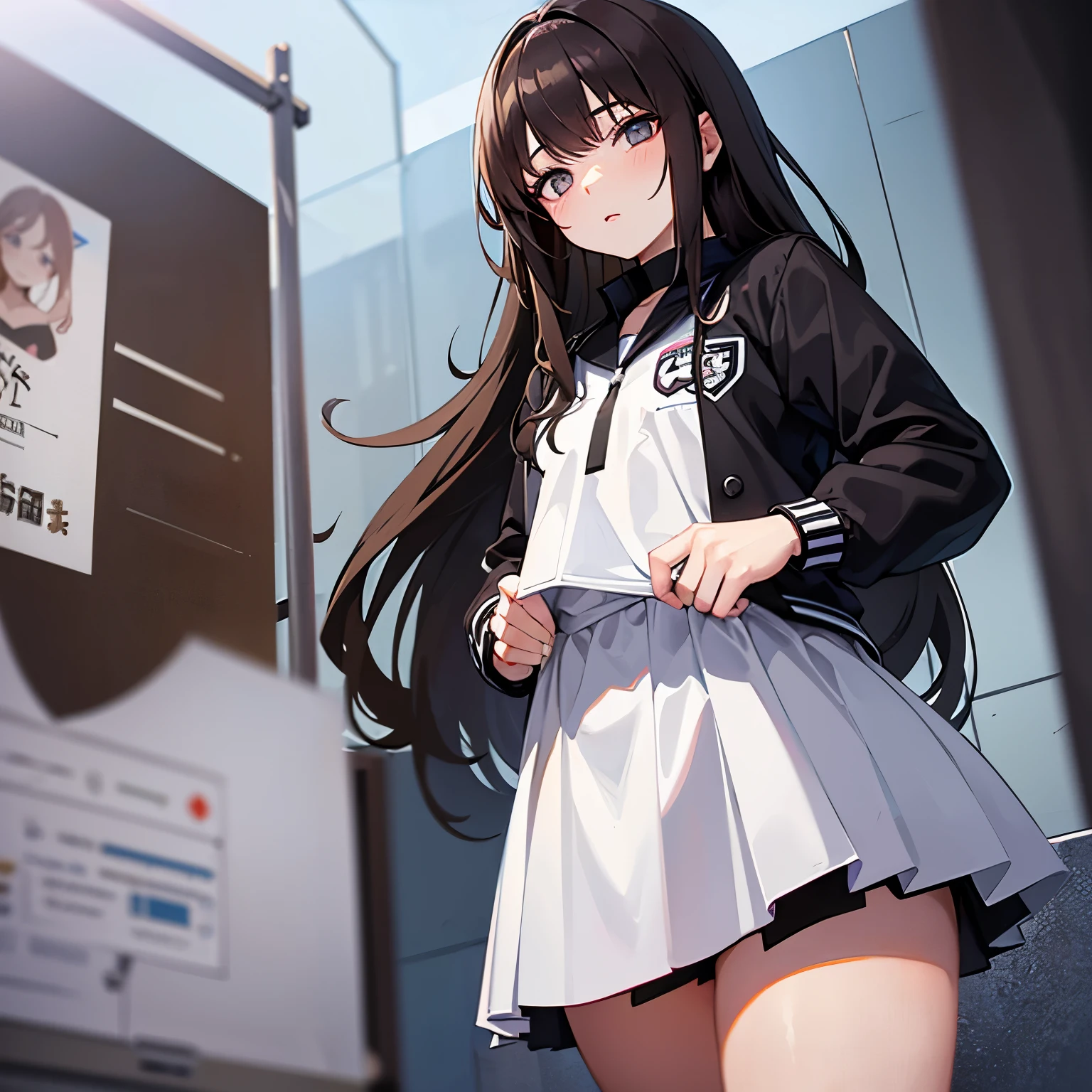 Una chica con enormes pechos,her hair color is brown,his eyes are low brown,su color de piel es blanca,tiene uniforme un poco provocativa
