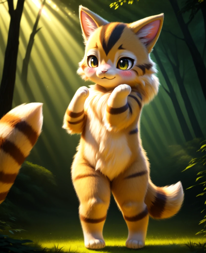 Dagashi, ( Hairy body) , (Realistic fur) , Are standing, Fluffy tail, blush, (:3), A cross between a girl and a cat, happy ,Dancing, Cinema Lighting ,4K, in the forest, cute