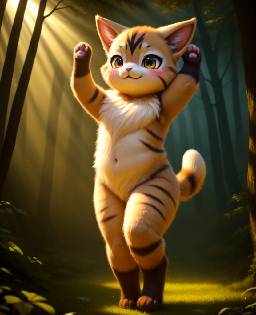 Dagashi, ( Hairy body) , (Realistic fur) , Are standing, Fluffy tail, blush, (:3), A cross between a girl and a cat, happy ,Dancing, Cinema Lighting ,4K, in the forest, cute