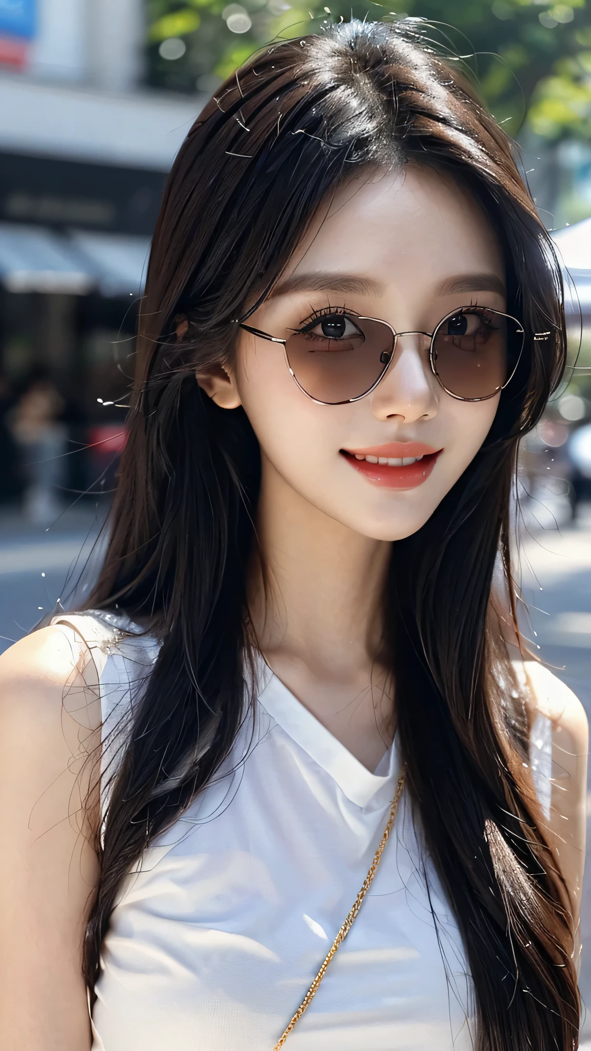 ​masterpiece、top-quality)、1 beutiful girl、(( plain clothes:1.1))、((Wearing black sunglasses )), (Detailed beautiful eyes), ((Detailed skin)) , ((Detailed beautiful hair))、((Smaller face))、((Neutral face))、((Face seen from the side))、((Light brown eyes))、((Korean Girl))、((18year old))、((cool lady))、((A shy smile on his face))、((Korean Makeup))、((elongated and sharp eyes))、((Happy dating))、((Shot from the same height as your face)、), ((CG rendering)), ((Blurred background)), ((deep shadow)),  ((16K)),  ((Very detailed)), ((wallpaper)), ((depth of field)), ((movie light)), (( Ray tracing)).