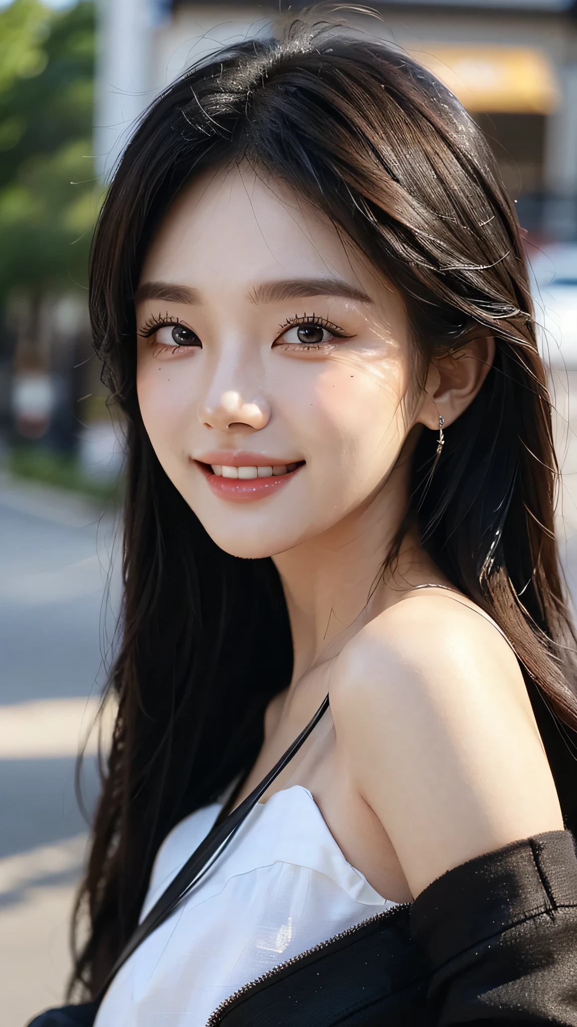 masterpiece、top-quality)、1 beutiful girl、(( plain clothes:1.1))、((Wearing black sunglasses )), (Detailed beautiful eyes), ((Detailed skin)) , ((Detailed beautiful hair))、((Smaller face))、((Neutral face))、((Face seen from the side))、((Light brown eyes))、((Korean Girl))、((18year old))、((cool lady))、((A shy smile on his face))、((Korean Makeup))、((elongated and sharp eyes))、((Happy dating))、((Shot from the same height as your face)、), ((CG rendering)), ((Blurred background)), ((deep shadow)), ((16K)), ((Very detailed)), ((wallpaper)), ((depth of field)), ((movie light)), (( Ray tracing)).