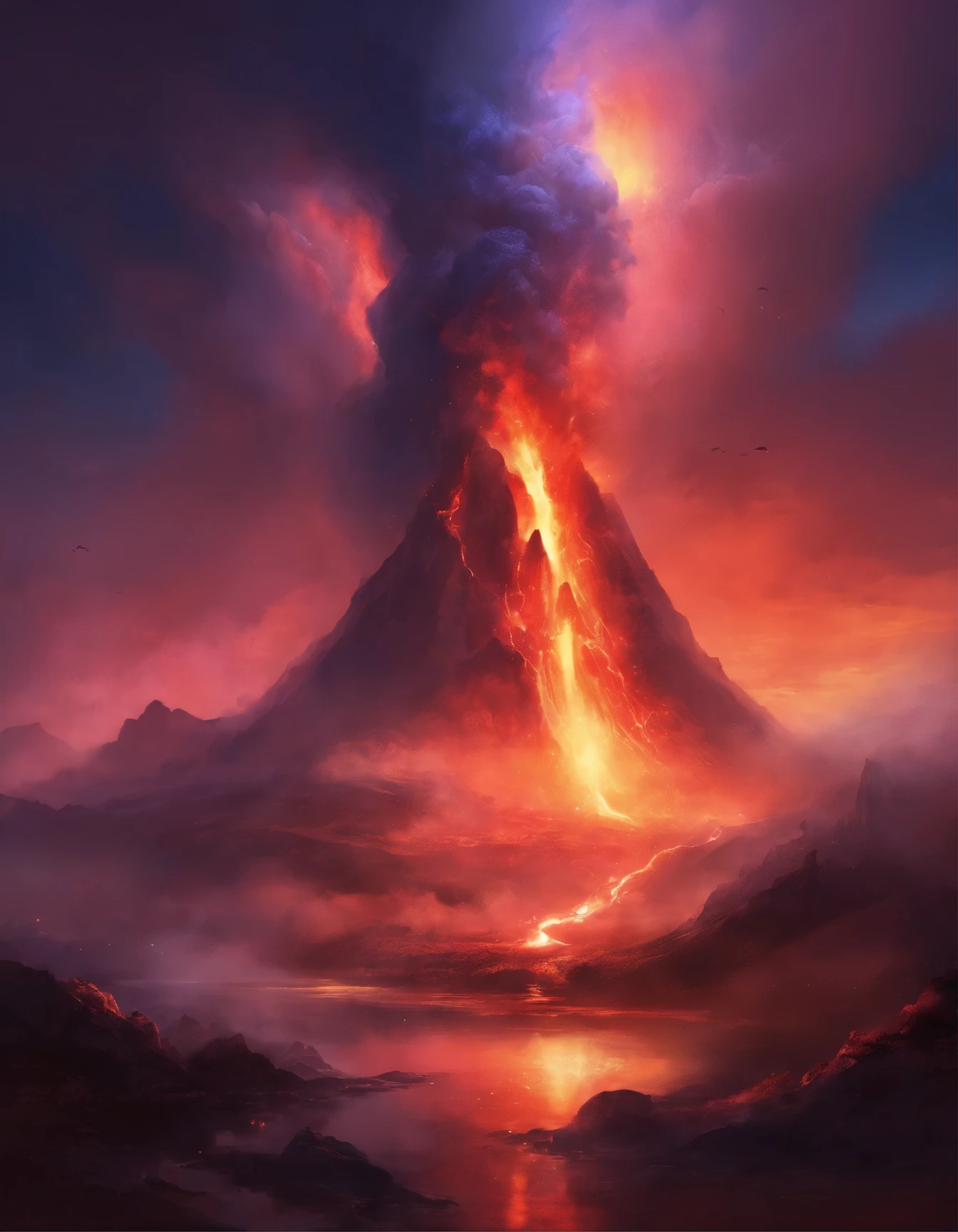 Volcanic eruption at night.