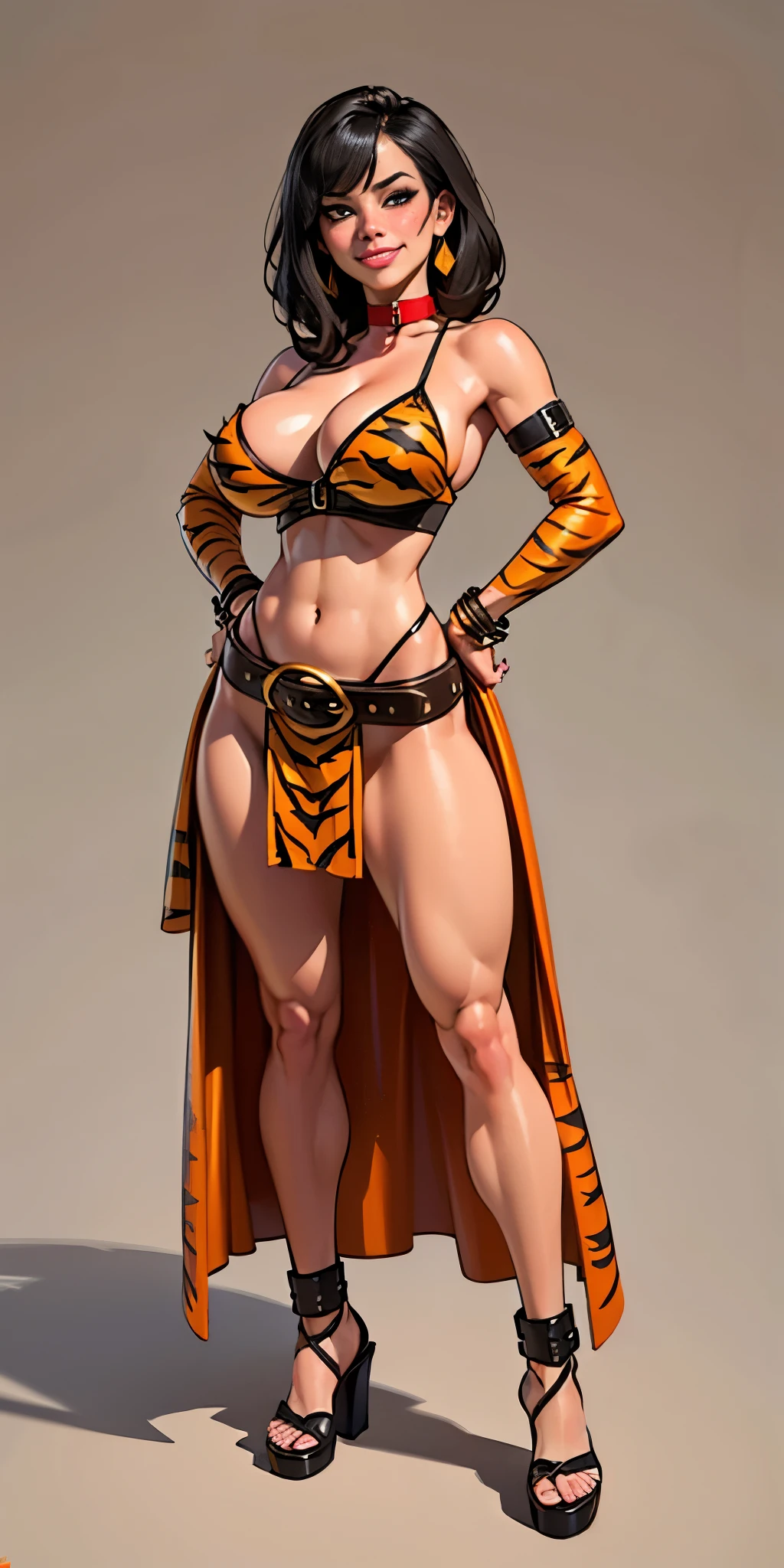 ((Masterpiece, plain background,1:2, masterpiece)) full body standing with separate yellow tiger print stockings thighs and sleeves, yellow tiger bikini print, hands on waist, navel, lustful smirking smiling, smile face (red blushed, red cheeks) armbands, black leather choker slave collar, metal sandals, big knockers, cleavage, separate sleeves, leather corset, hands on hips, shackles bracelets, slave red crest, loincloth standing, metal sandals, big belt, view from below, feet together, bracers, standing contrapposto straight symmetrical looking to viewer