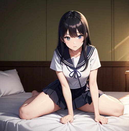 (unity 8k wallpape),(best quality),(high resolution),(ultra-detailed),(perfect anatomy),(beautiful detailed eyes),1girl,(Dimly lit motel room),((Sit on the bed:1.3)),White bed,Round table next to,((Three one-dollar bills on the table)),　　　　　　　　　　BREAK girl,,blackhair,,Sailor suit,White socks, body,Hands on knees,Sit well behaved,A tense look,Look down,The eyes are looking at me,Photograph the whole body,　　　　　　BREAK There are three coins on the table,Also put dildos,Camera for taking pictures,