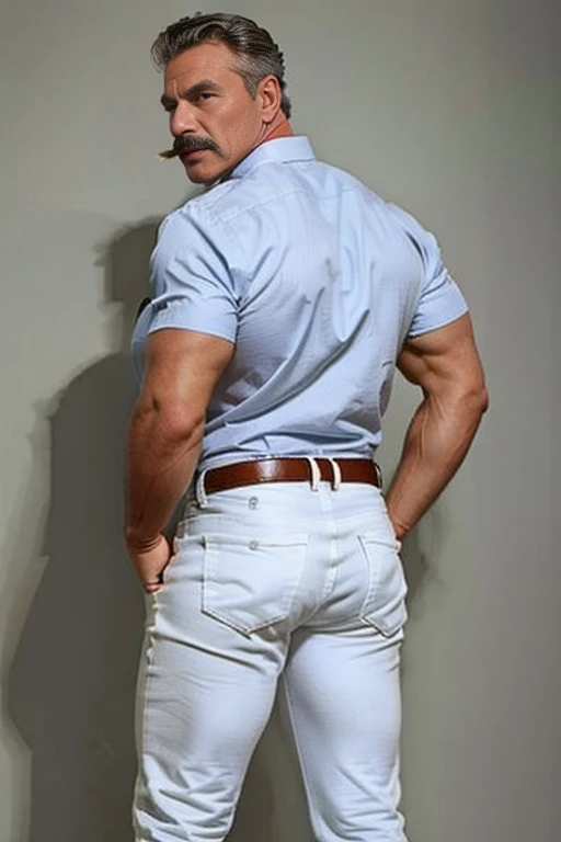 age 60, white man police detective with a mature, full body backside, kind demeanor, strong and muscular yet chubby build, mustache, wearing dress pants and a buttoned-open translucent shirt that reveals a hairy chest and a noticeable bulge, wearing detective badge on belt, giving off a hint of a horny yet disgusting aura, completing the look with comfortable loafers. Jeans backside backside