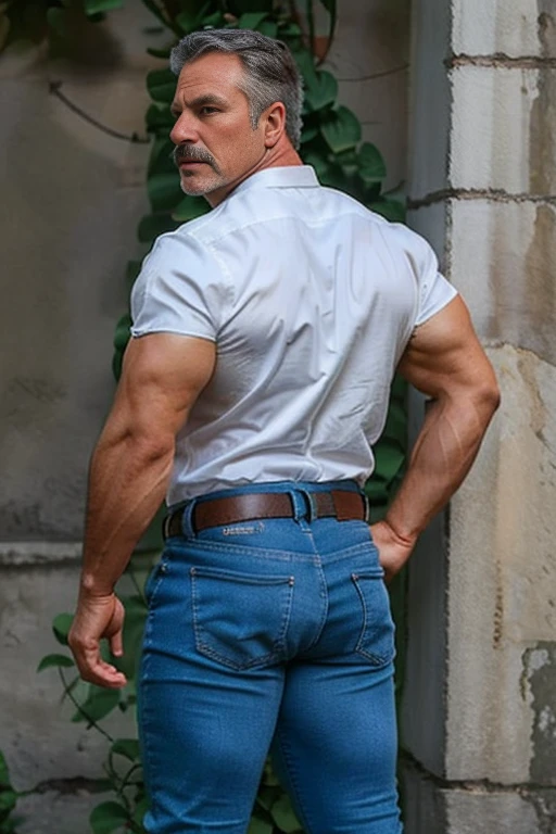 age 60, white man police detective with a mature, full body backside, kind demeanor, strong and muscular yet chubby build, mustache, wearing dress pants and a buttoned-open translucent shirt that reveals a hairy chest and a noticeable bulge, wearing detective badge on belt, giving off a hint of a horny yet disgusting aura, completing the look with comfortable loafers. Jeans backside backside