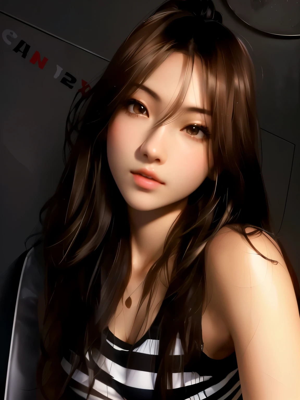 arafed image of a woman with long hair and a striped top, smooth anime cg art, photorealistic anime girl render, realistic artstyle, portrait of female korean idol, photorealistic artstyle, realistic. cheng yi, korean girl, glossy digital painting, realistic anime artstyle, 3 d anime realistic, realistic young anime girl, realism artstyle