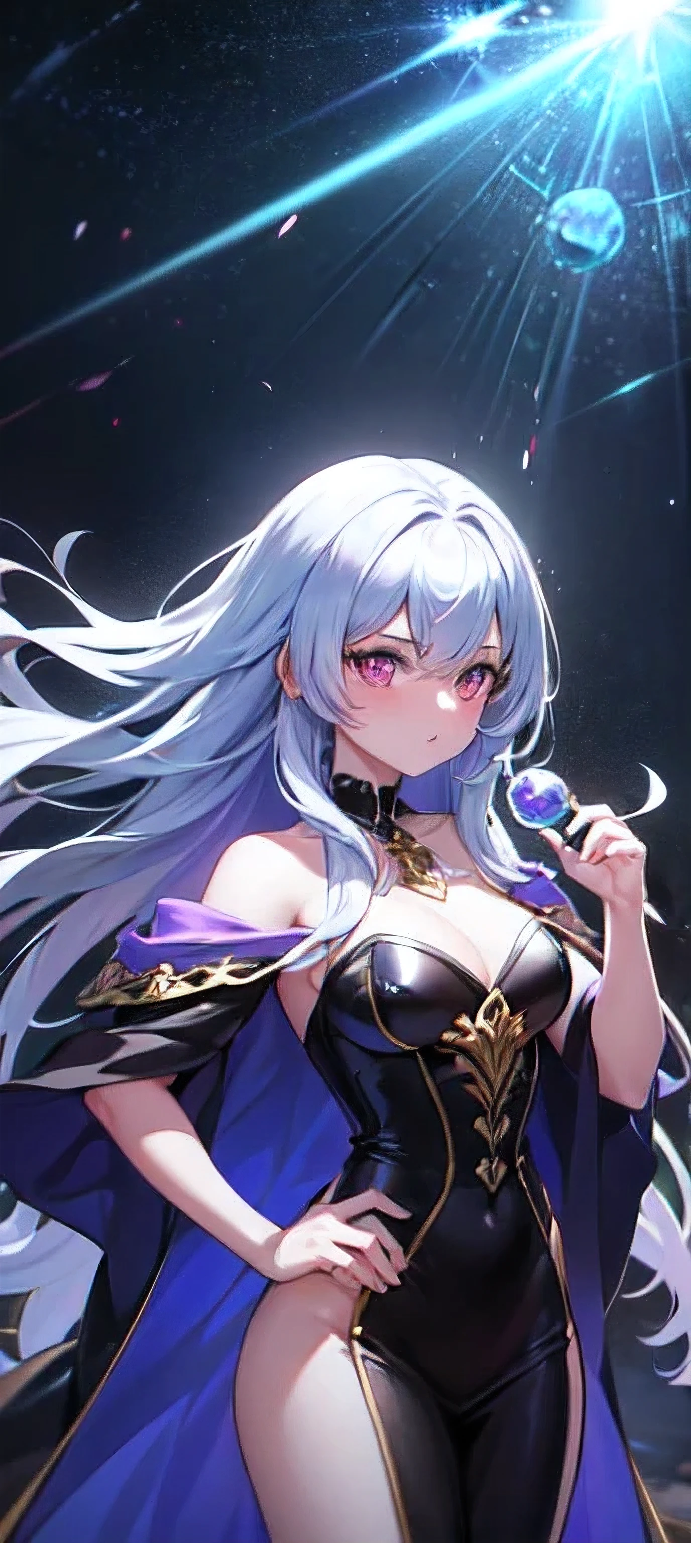 Obra maestra, mejor calidad, 1 chica, with long flowing iridescent cabello in shades of purple, blue, y verde, vistiendo un elegante traje negro, standing in a dramatic pose with one hand on the hip and the other holding a shiny, magic crystal ball. En el fondo, A swirl of light and energy adds to the mysterious and enchanting atmosphere of the scene.. glow cabello, multicolor cabello