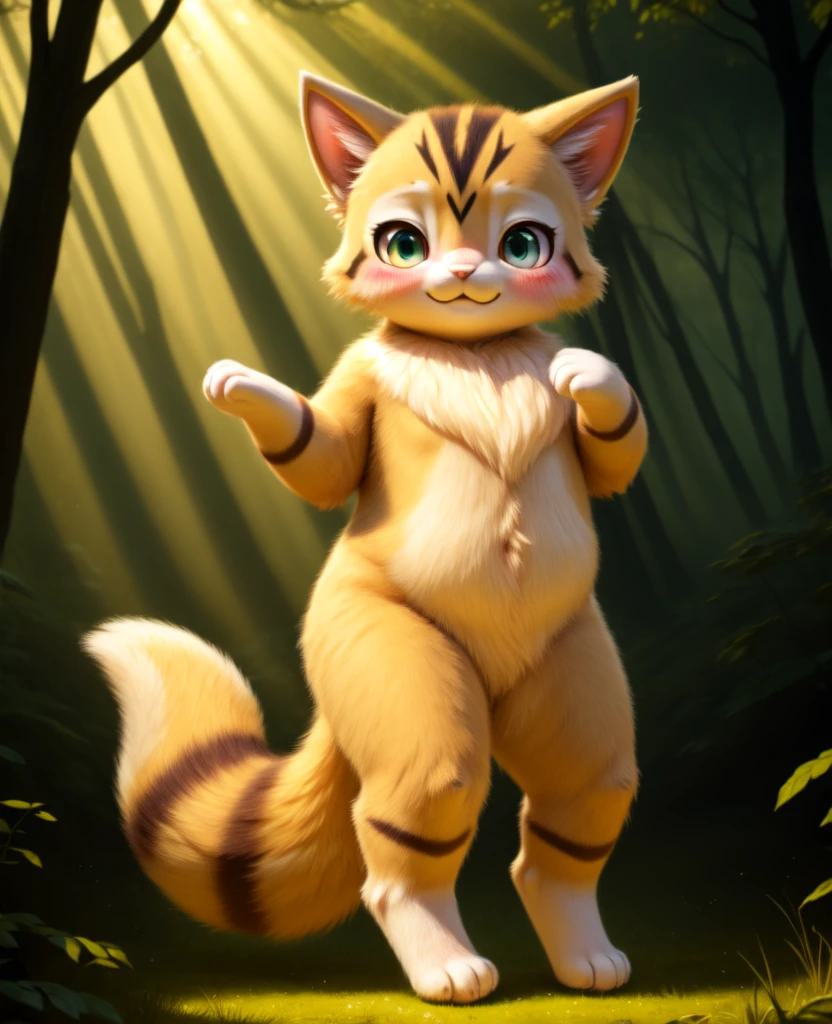Dagashi, ( Hairy body) , (Realistic fur) , Are standing, Fluffy tail, blush, (:3), A cross between a girl and a cat, happy ,Dancing, Cinema Lighting ,4K, in the forest, cute