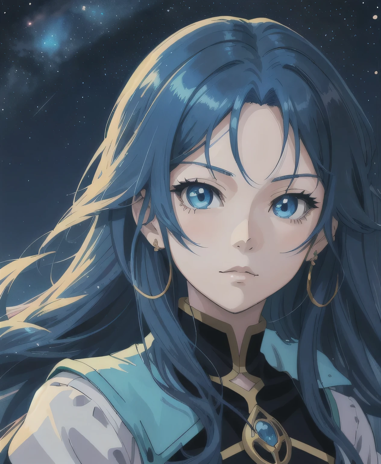 a woman with long hair and blue eyes standing in front of a night sky, portrait knights of zodiac girl, detailed digital anime art, stunning anime face portrait, beautiful anime portrait, detailed portrait of anime girl, beautiful anime face, artwork in the style of guweiz, portrait of a female anime hero, portrait of an anime girl, digital anime illustration