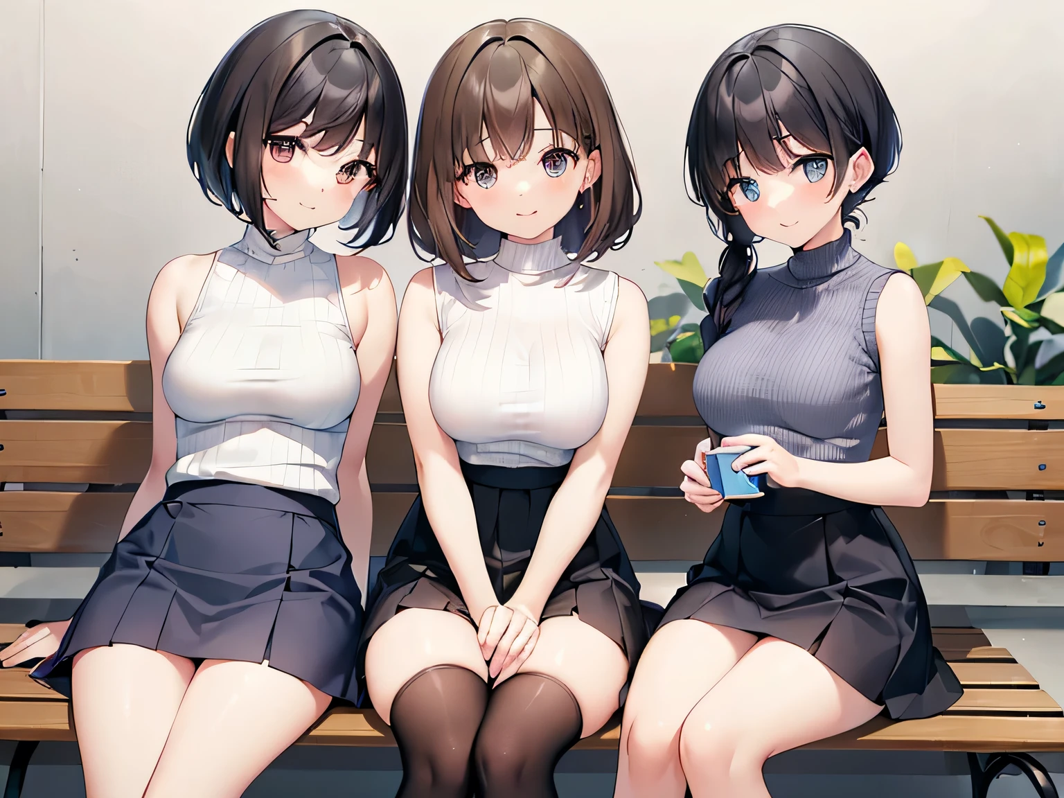 Super detailed, best quality, High resolution, Moe anime, ((((Three cute  girls with black hair are sitting.)))), (baby fig eyes:1.5, drooping eyes:1.5)), cute eyes, view audience, pale skin, NSFW, focus on the face, ((see-through underwear)), (Nipples are clearly visible:1.5), Navel exposed, bare shoulders, ((flat chest)), at the park, small ass, (short cut hairstyle:1.5), from slightly below