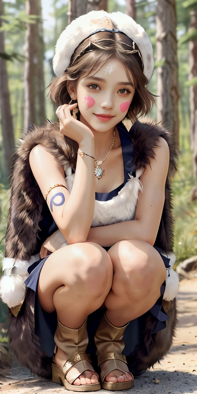 1girl, full body, squatting, solo, short hair, brown hair, gray eyes, headband, face paint, earrings, white sleeveless top, navy under dress, arm cuffs, fur headdress, fur cape, light-skinned female, female focus, looking at viewer, smiling, forest, (blush:1.1) concept art, realistic,