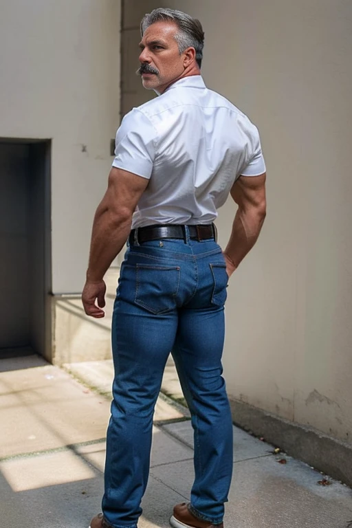 Man in off-white clothes, full body, American round inch head, Buzz cut, national character face, tall and burly, muscular male hero, heroic male pose, muscular! Wearing skins brand bodysuit tights, black hair, super gain and cool, high resolution committee, character design cycling enthusiast, sneakers, attractive strong man, (big butt), jeans backside (((bent over))) crouched manly