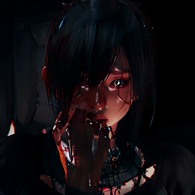 A girl cover her eyes with a black cloth piece and she still crying and blood also drop from her eyes and many types of humans hand try to kill her with a knife 