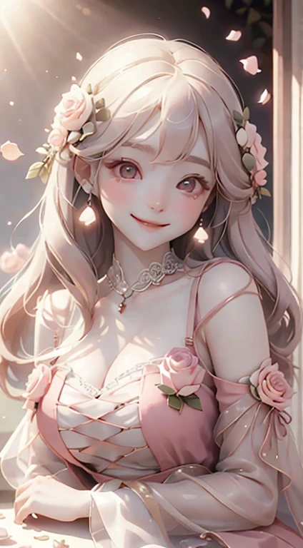 In front of the rose gate、Pink Dress、Large, clear eyes、high resolution、Ultra delicate、Looking this way and smiling、Beautiful face、Super Beauty、Slender body、Surrounded by roses、Luxury dress、High-grade fabrics、Surrounded by roses、In the sunshine
