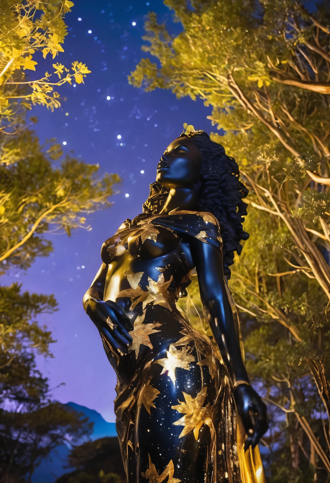 side angle view of a full body sculpture of a black woman made out of black and gold marble, sculpture on top of a mountain overlooking a large vegetational forest, night time, stars reflecting a bioluminescent light on the sculpture creating beautifully creating a cinematic visual masterpiece 