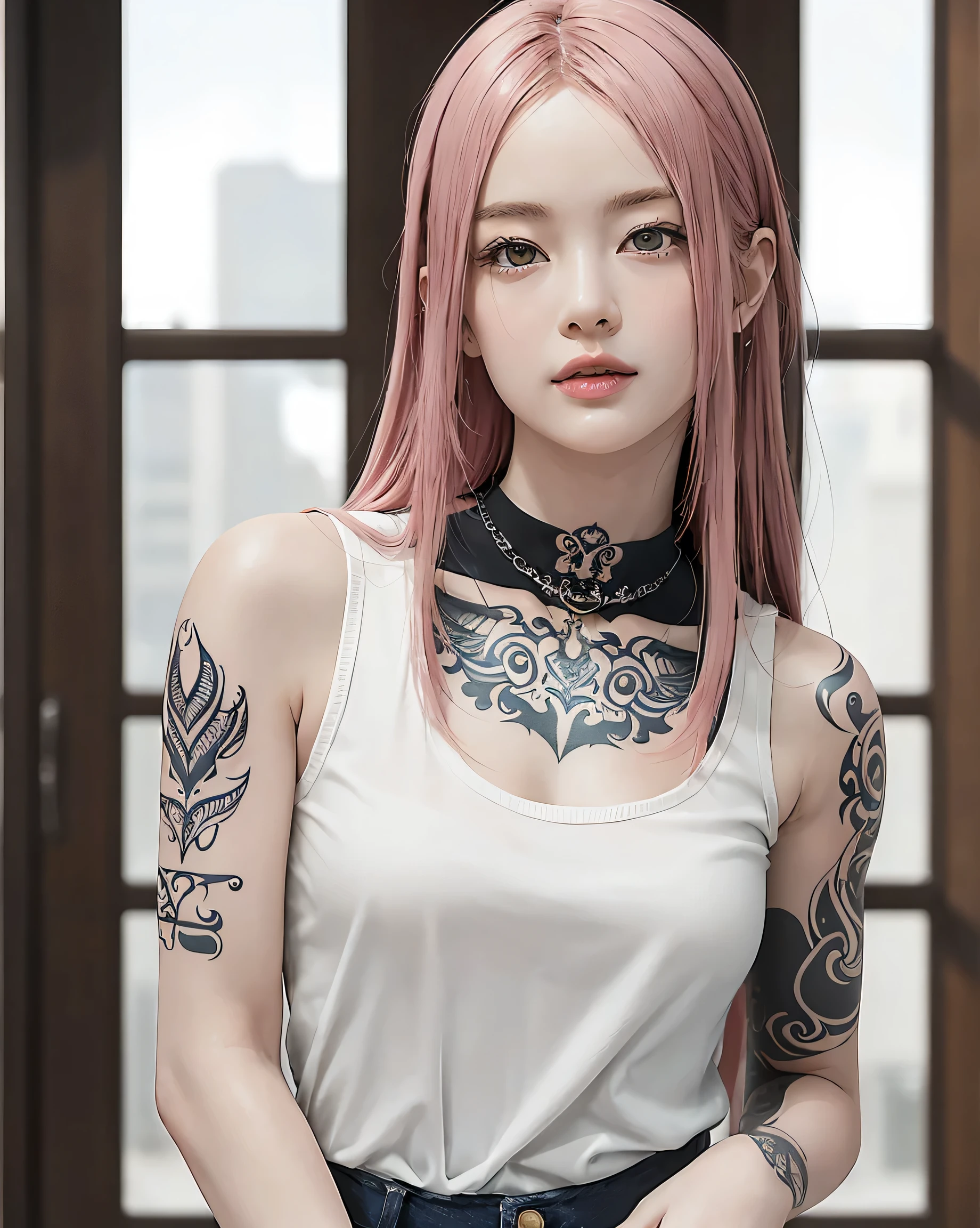 (Random Porn Pose),(Random Hairstyles),(Best image quality,(8k),Ultra-realistic,最high quality, high quality, High resolution, high quality,Attention to detail,Beautiful details,Fine details,Highly detailed CG,Detailed Texture,Realistic facial expressions,masterpiece,in front),See-throughブラ,tight,stockings,Pink Hair, Shorts, (((Tight waist))), ((Big Breasts)),(See-through),(((He has many tattoos all over his body)),