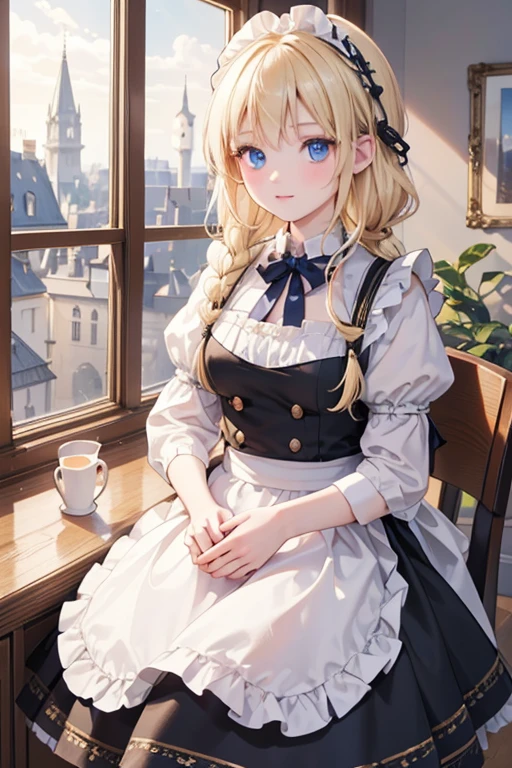 (8k, highest quality, Tabletop:1.2)、Ultra-high resolution、Baroque, One 18-year-old girl, Perfect Fingers, Detailed face, blue eyes, Blonde, Braid, Black maid outfit, Inside the castle, Window, Open the window and look out