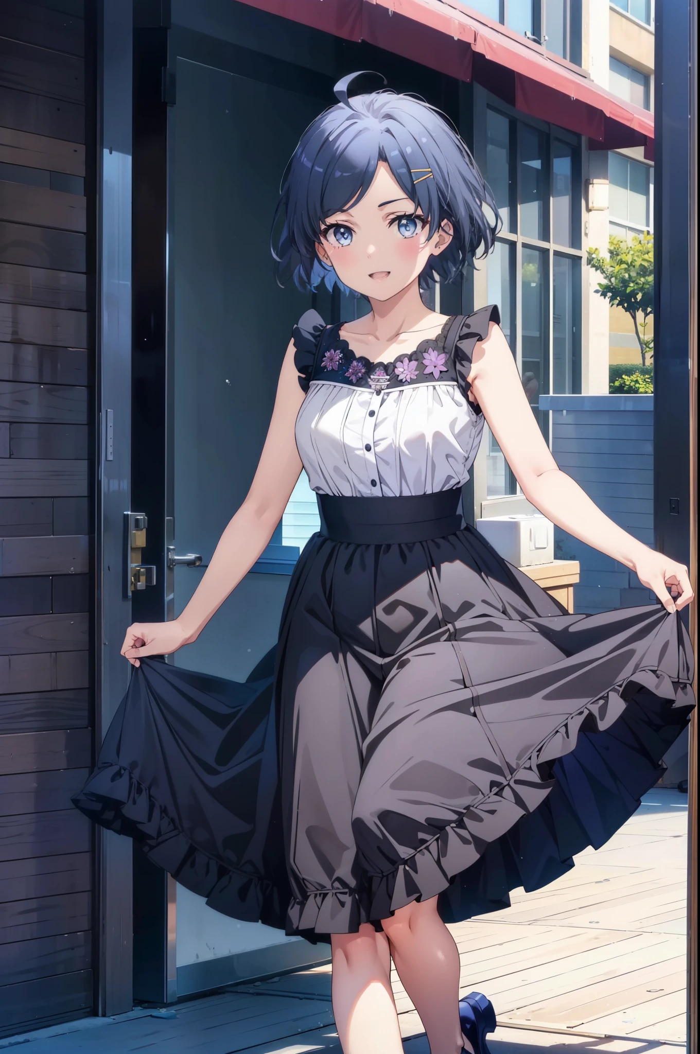 komachihikigaya, komachi hikigaya, short hair, Ponytail Black Hair, hair ornaments, Ahoge, Hair Clip, x hair ornaments, (Purple eyes:1.1),teeth,happy smile, smile, Open your mouth, Sleeveless black dress,Black long skirt,Cute heeled sandals,whole bodyがイラストに入るように,Real Summer,sunny,Daytime,　　　　　　　　　　　　　　　break outdoors ,city,Building district,Coastal Road　　　　　　　　　　　　　　　break looking at viewer, whole body, break (masterpiece:1.2), highest quality, High resolution, unity 8k wallpaper, (shape:0.8), (Beautiful and beautiful eyes:1.6), Highly detailed face, Perfect lighting, Extremely detailed CG, (Perfect hands, Perfect Anatomy),