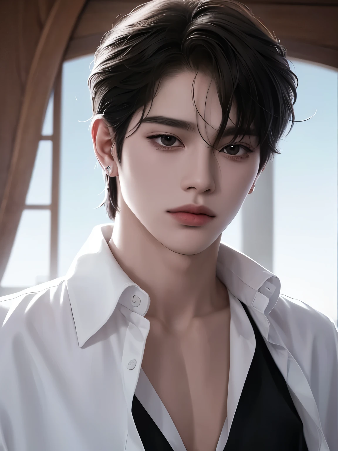 ((1hombre))),((ulzzang)),((pelo despeinado)),elegante,((hombre)),(Fondo blanco),collar,tatuaje,((coreano)),modelo,posando,((Cabello corto)),sensualidad ojos,((top corto))hombre, elegante, chico malo coreano, ultra detallado,hiper detalles,cinematic light, Solo,Pararse,Estudio blanco,filtro en blanco y negro,de cerca,frente,looking at viewer from frente,hombrehwa-style,camisa desabotonada,Tatuaje en el pecho,pelo negro,flequillo desordenado,corte de pelo emo,modelo,pose,drilling,pendientes,collar de cruz,sonrisa.