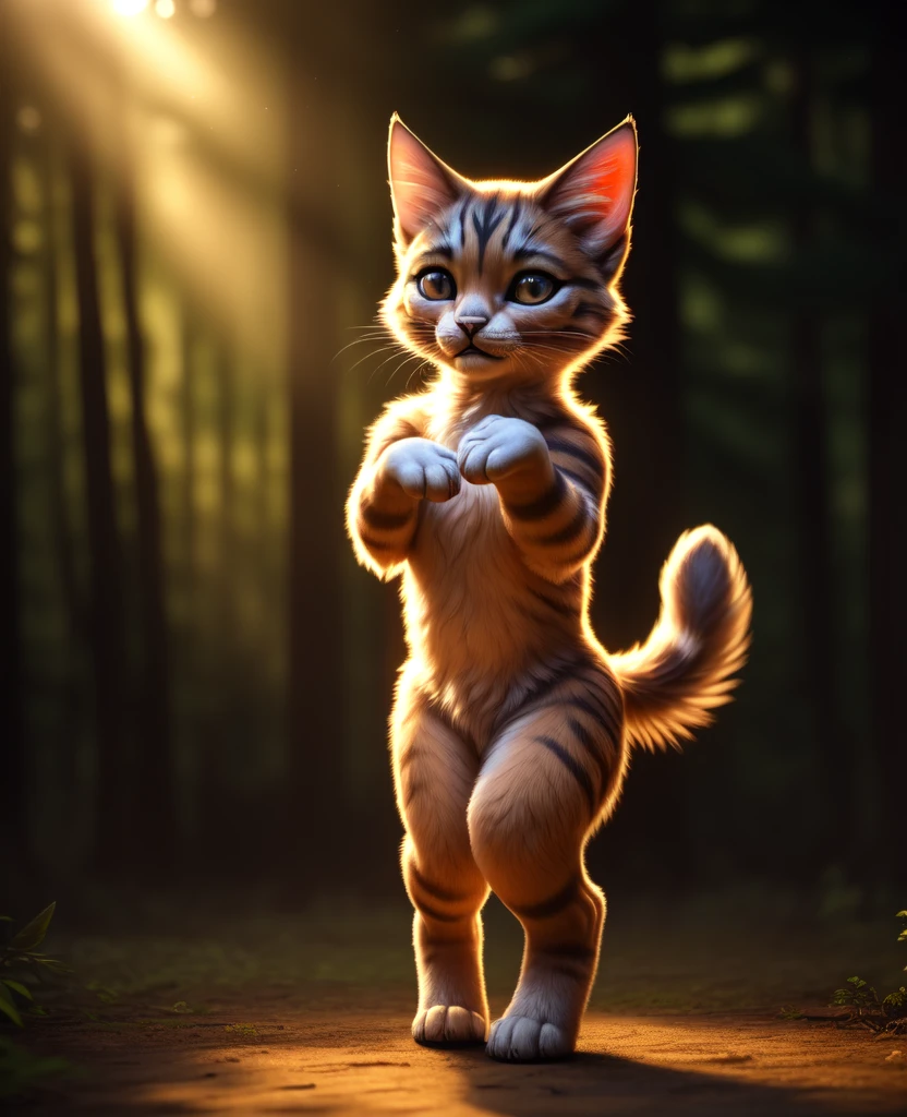 (best quality,4k,highres,masterpiece:1.2),ultra-detailed,(realistic,photorealistic,photo-realistic:1.37),fluffy,furry body,detailed fur,standing,fluffy tail,blushing,(:3),a hybrid of a girl and a cat,happy,dancing,movie lighting,strongly resembles, in the middle of a forest,cute