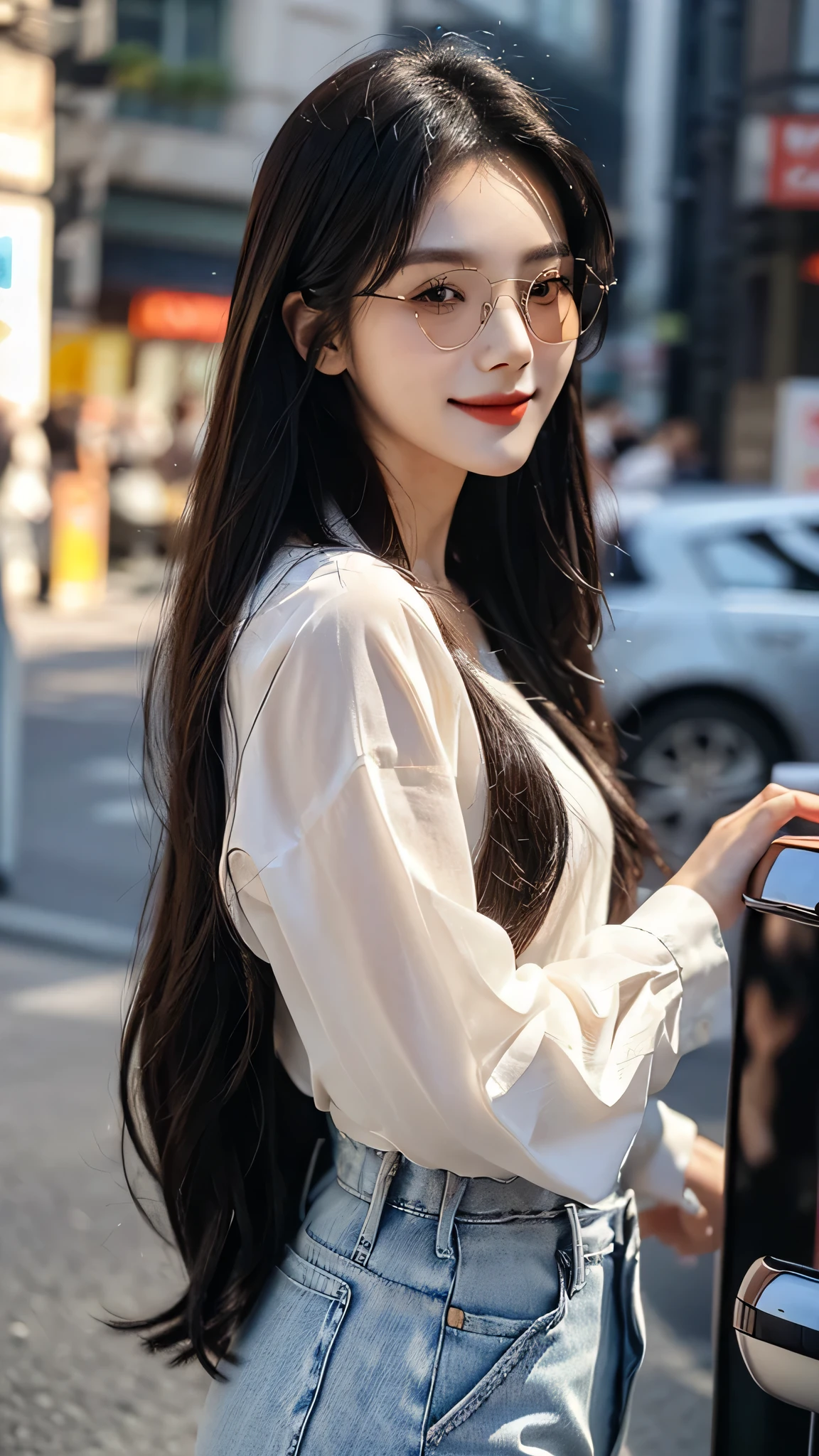 masterpiece、top-quality)、1 beutiful girl、(( plain clothes:1.1))、((Wearing black sunglasses )), (Detailed beautiful eyes), ((Detailed skin)) , ((Detailed beautiful hair))、((Smaller face))、((Neutral face))、((Face seen from the side))、((Light brown eyes))、((Korean Girl))、((18year old))、((cool lady))、((A shy smile on his face))、((Korean Makeup))、((elongated and sharp eyes))、((Happy dating))、((Shot from the same height as your face)、), ((CG rendering)), ((Blurred background)), ((deep shadow)), ((16K)), ((Very detailed)), ((wallpaper)), ((depth of field)), ((movie light)), (( Ray tracing)).