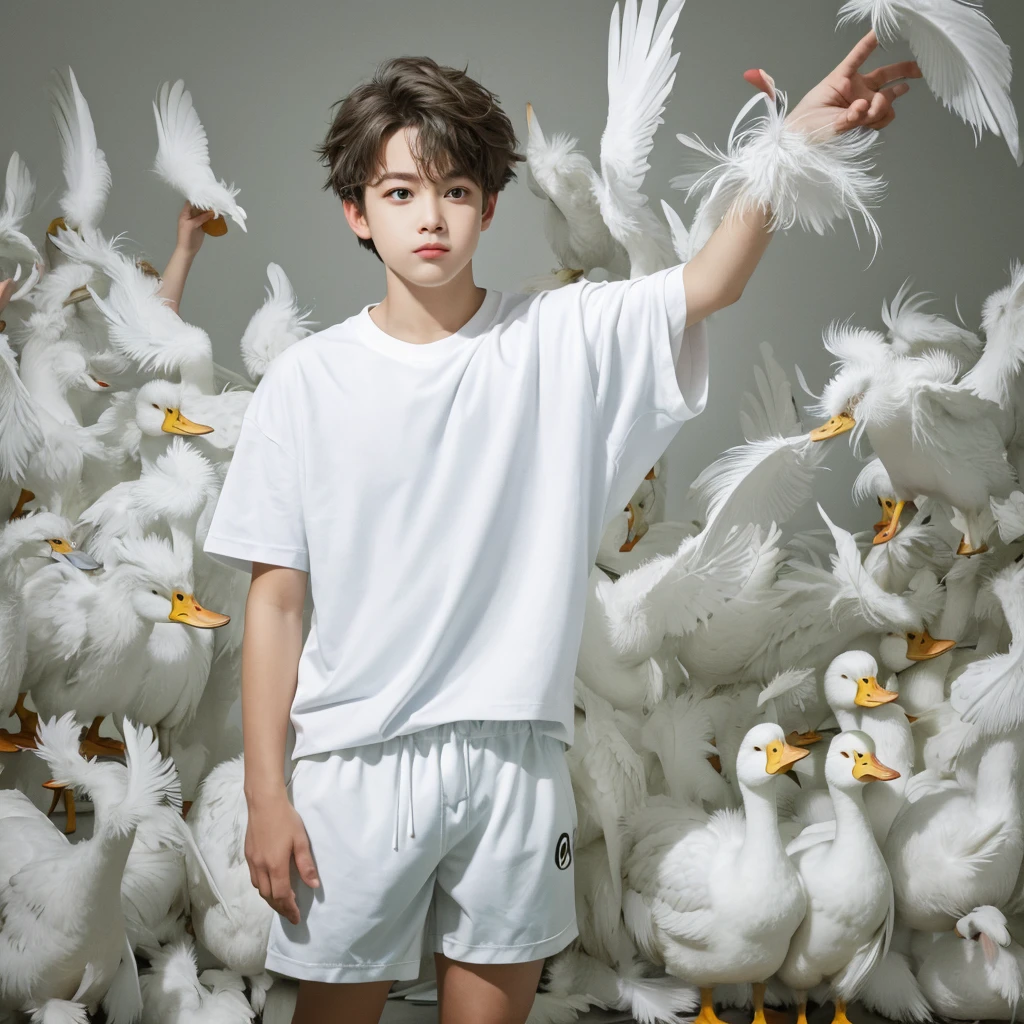 A boy, duck hybrid, long white messy hair, confused expression, white shirt and shorts, with many duck feathers