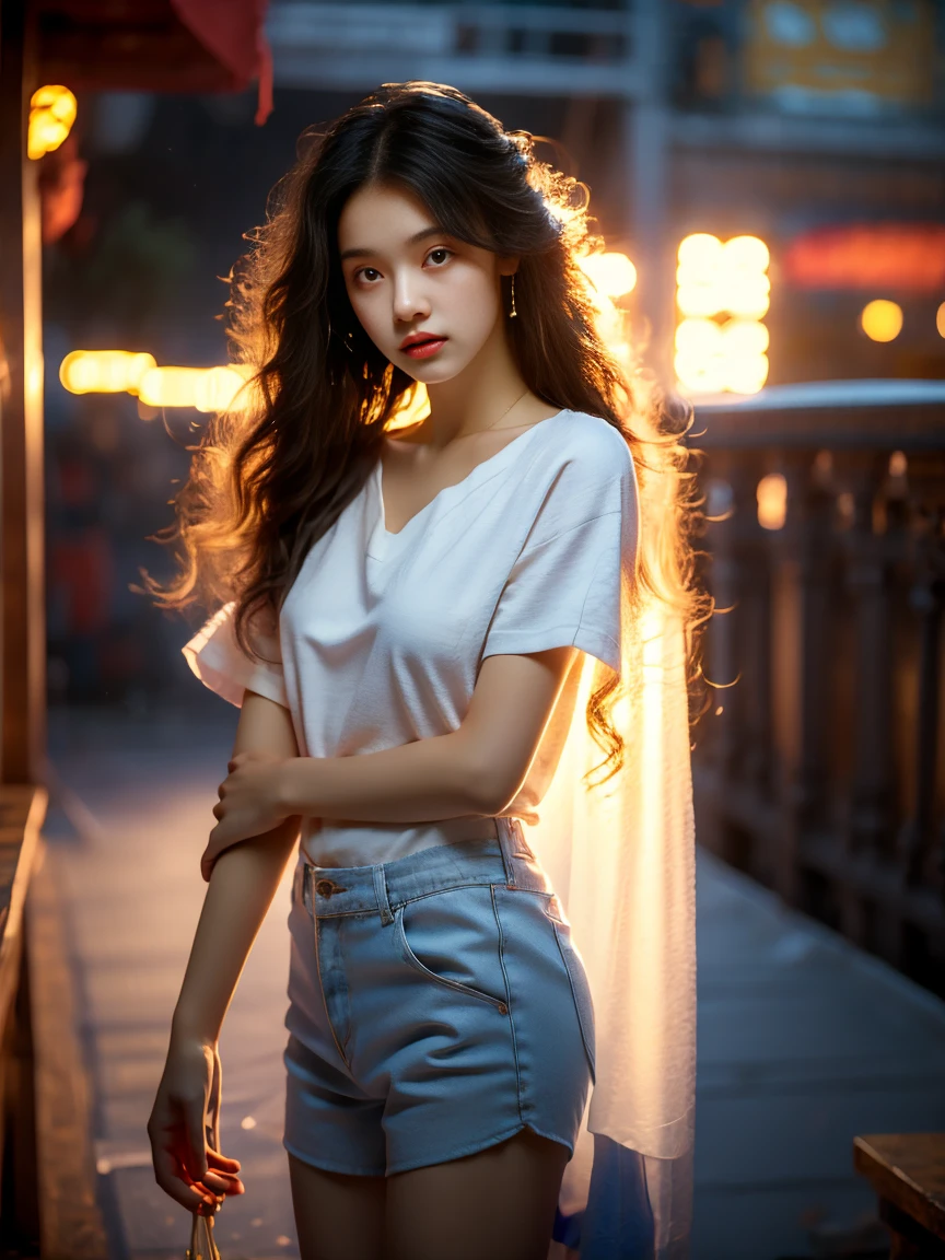 18-year-old player，Ultra HD resolution，8k，Realistic style，Sporty，Natural light，Jersey texture，cheer，Long hair，hale and hearty，whole body，White skin，Chinese Girl，Chinese Girl，long hair，In the city，High-rise buildings，很多High-rise buildings，Long legs，Smile，Blue sky，audience，Facing the camera，Short-sleeved jersey，Black neckline，Black cuffs，Black shorts，Sweatpants，sports shoes，whole body，大Long legs，masterpiece，best quality，high resolution，8K，original photo，real picture，Digital Photography，(UHD, anatomically correct, textured skin, ccurate, award winning)