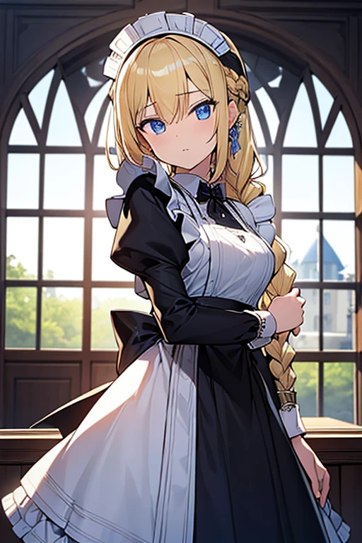 (8k, highest quality, Tabletop:1.2)、Ultra-high resolution、Baroque, One 18-year-old girl, Perfect Fingers, Detailed face, blue eyes, Blonde, Braid, Black maid outfit, Inside the castle, Window, Open the window and look out