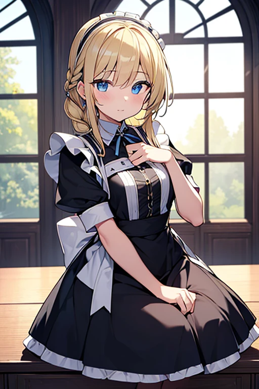 (8k, highest quality, Tabletop:1.2)、Ultra-high resolution、Baroque, One 18-year-old girl, Perfect Fingers, Detailed face, blue eyes, Blonde, Braid, Black maid outfit, Inside the castle, Window, Open the window and look out