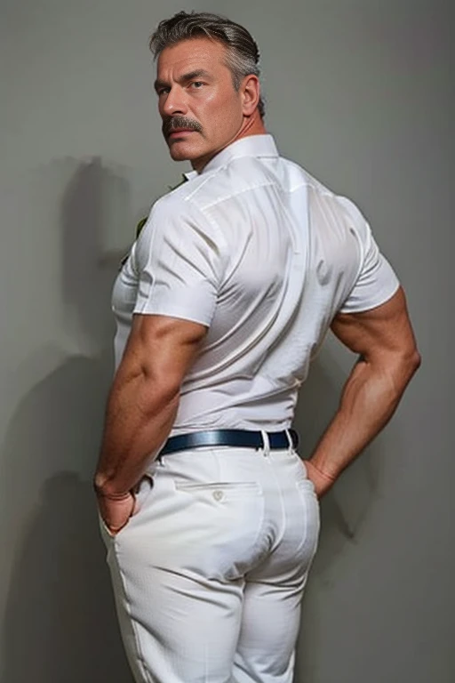 age 60, white man police detective with a mature, backside, kind demeanor, strong and muscular yet chubby build, mustache, wearing dress pants and a buttoned-open translucent shirt that reveals a hairy chest and a noticeable bulge, wearing detective badge on belt, giving off a hint of a horny yet disgusting aura, completing the look with comfortable loafers. Thong backside backside