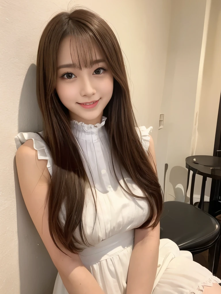 A beautiful Japanese shy girl, age 18 years old, long brown hair, brown big eyes, shiny lip, shiny hair, ecstatic expression, wearing shirt denim pants, wearing high neck sleeveless frilly white dress, wearing black Pantyhose, in white wall cafe, The background is very blurry, light shine in, 