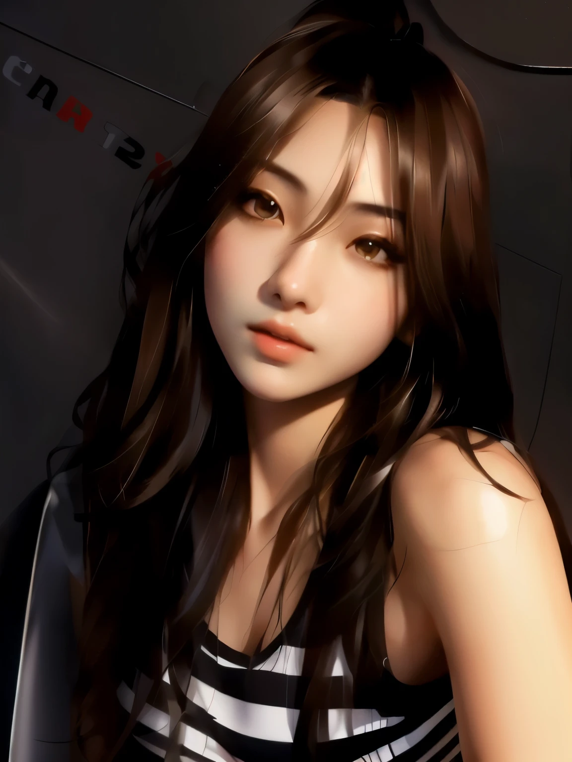 arafed asian woman with long brown hair and a striped top, smooth anime cg art, photorealistic anime girl render, realistic artstyle, 3 d anime realistic, 3d anime girl, realistic young anime girl, photorealistic artstyle, realistic anime artstyle, attractive anime girl, realism artstyle, realistic anime 3 d style, realistic. cheng yi