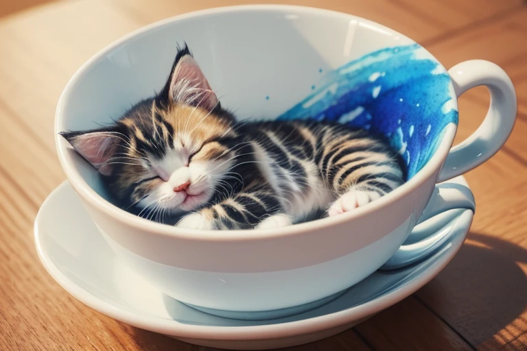 (hightquality、in 8K、Ultra HD)、(Tiny little kitten sleeping in a coffee cup　1animal)、Pattern and color are random、Looks good、intricate and detailed watercolor painting、Digital Painting、Fantasia